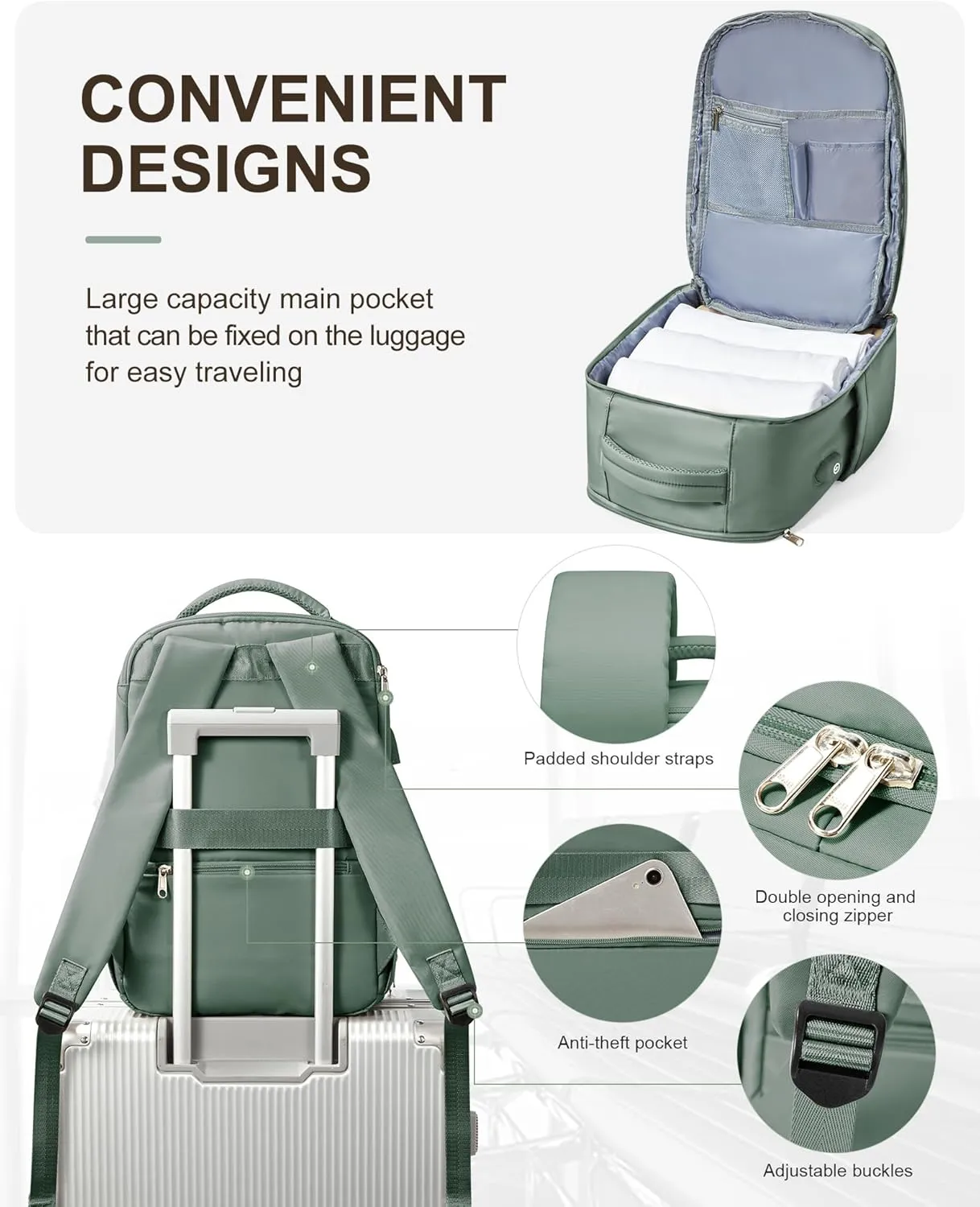 VGCUB Large Travel Backpack,Waterproof Laptop Carry on Backpack Purse for Women Men,Gym Hiking Backpack Personal Item Size Casual Daypack Work Business Backpack With USB Charging Port,Green