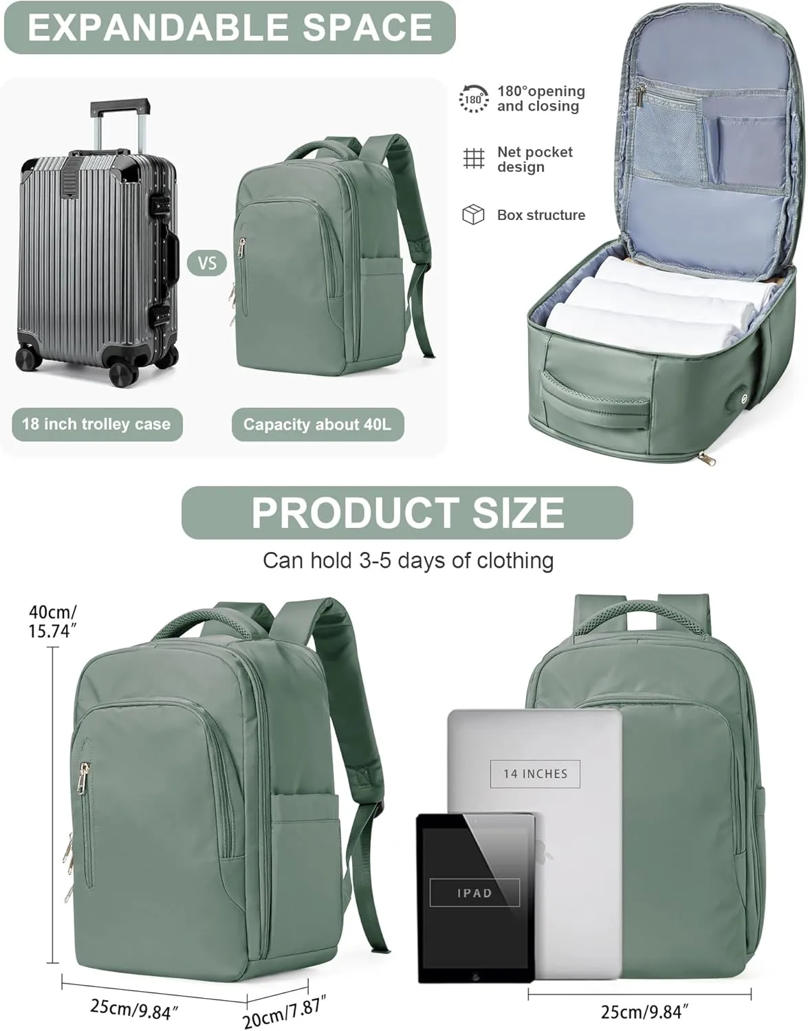 VGCUB Large Travel Backpack,Waterproof Laptop Carry on Backpack Purse for Women Men,Gym Hiking Backpack Personal Item Size Casual Daypack Work Business Backpack With USB Charging Port,Green