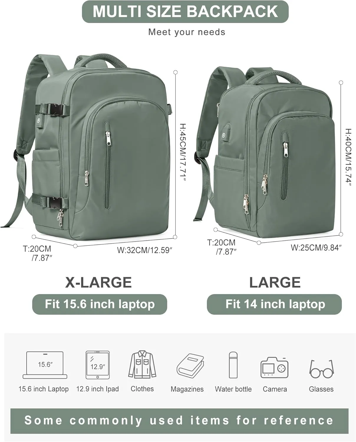 VGCUB Large Travel Backpack,Waterproof Laptop Carry on Backpack Purse for Women Men,Gym Hiking Backpack Personal Item Size Casual Daypack Work Business Backpack With USB Charging Port,Green