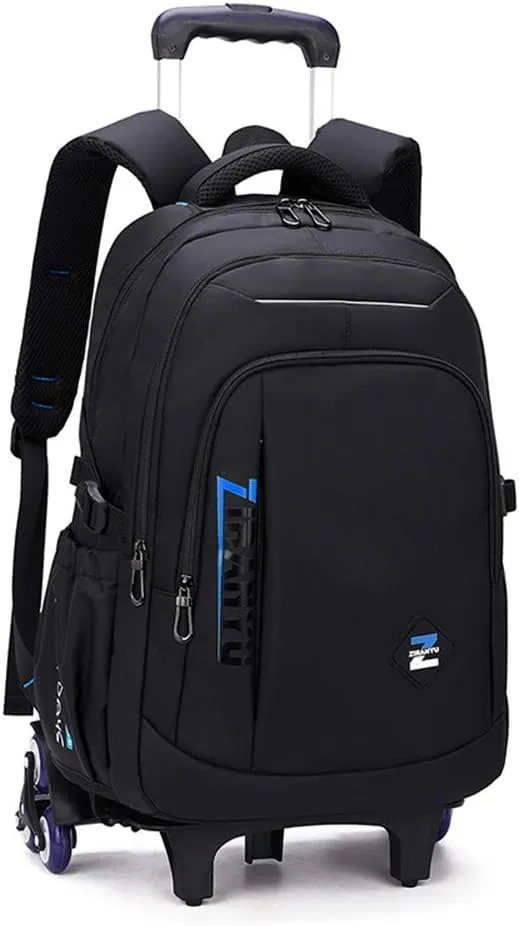 VIDOSCLA Black Kids Boys Rolling Backpack Teens Carry-on Luggage with Wheels Trolly BookBag for School-6 Wheels