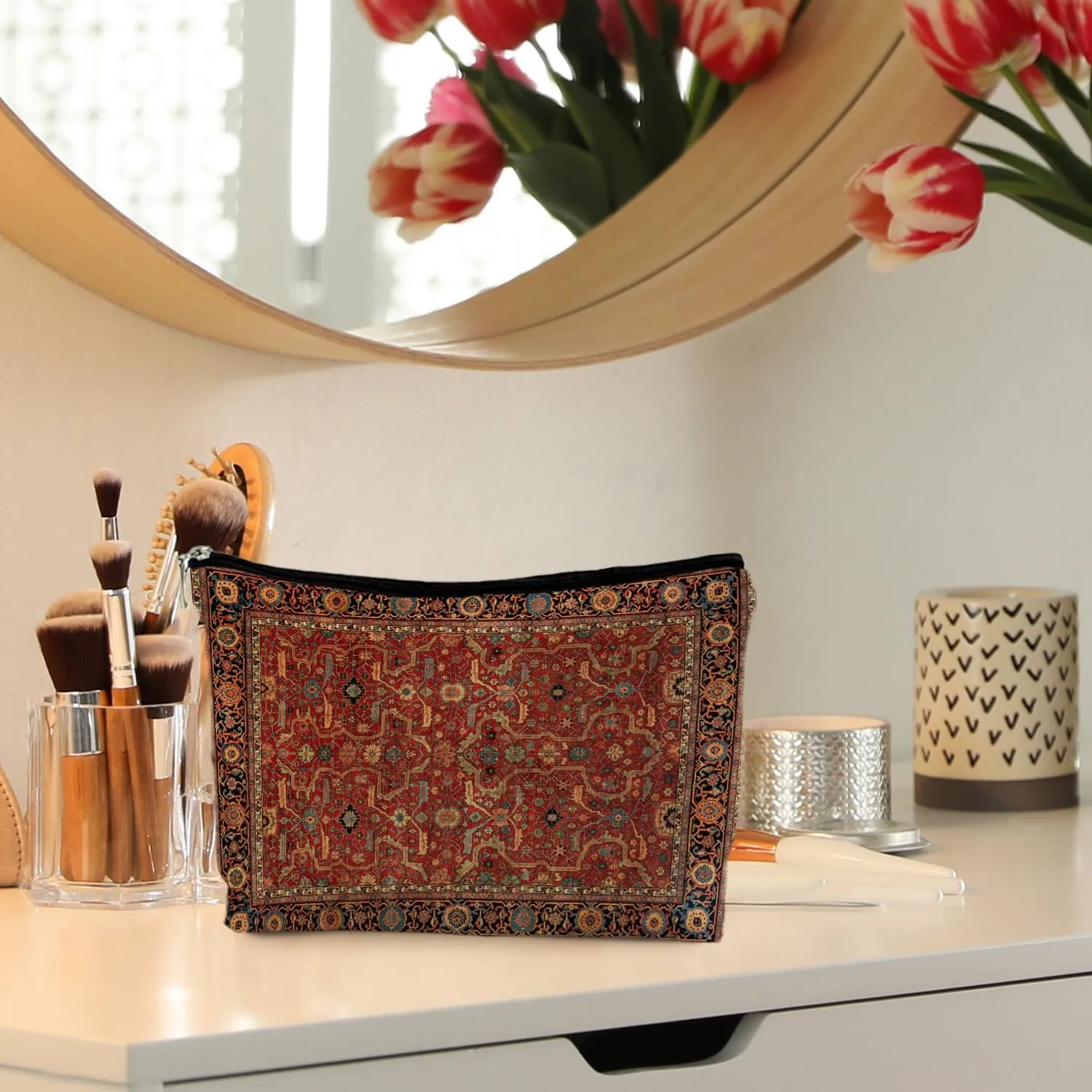 Vintage Boho Tribal Makeup Bag, Traditional Red Rug Style Makeup Bag, Vintage Retro Ethnic Pattern Cosmetic Bag Gifts for Women Friends