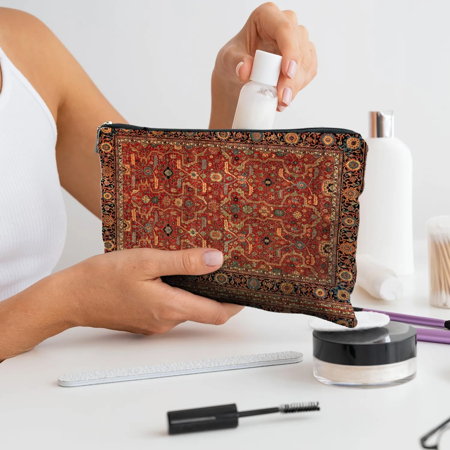 Vintage Boho Tribal Makeup Bag, Traditional Red Rug Style Makeup Bag, Vintage Retro Ethnic Pattern Cosmetic Bag Gifts for Women Friends