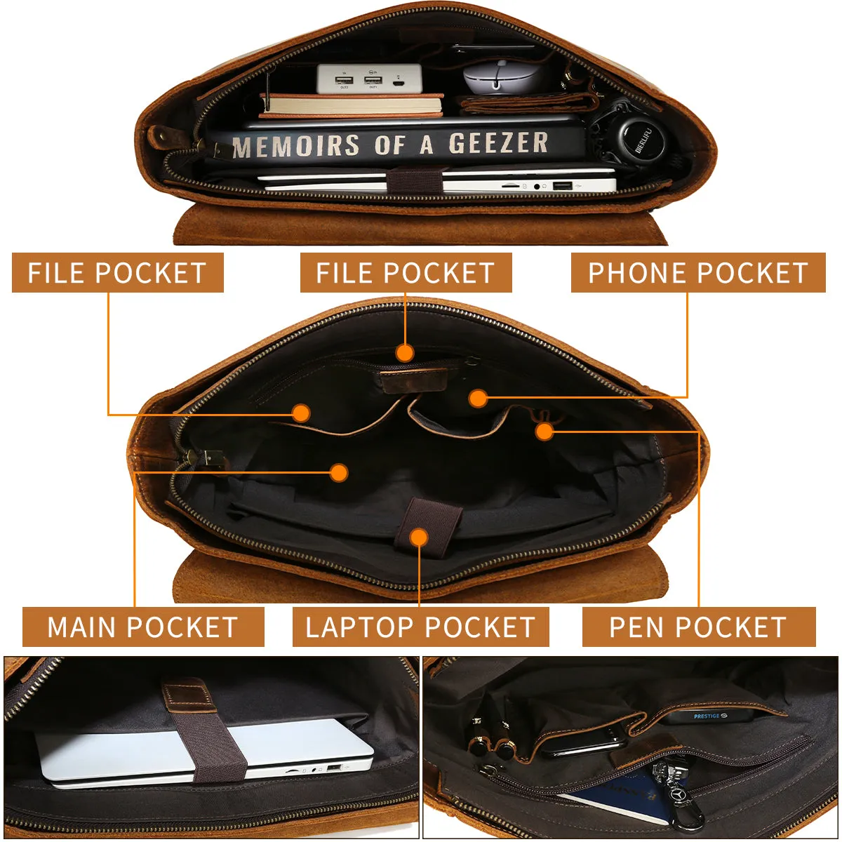 Vintage Full-Grain Leather Backpack with Laptop Compartment