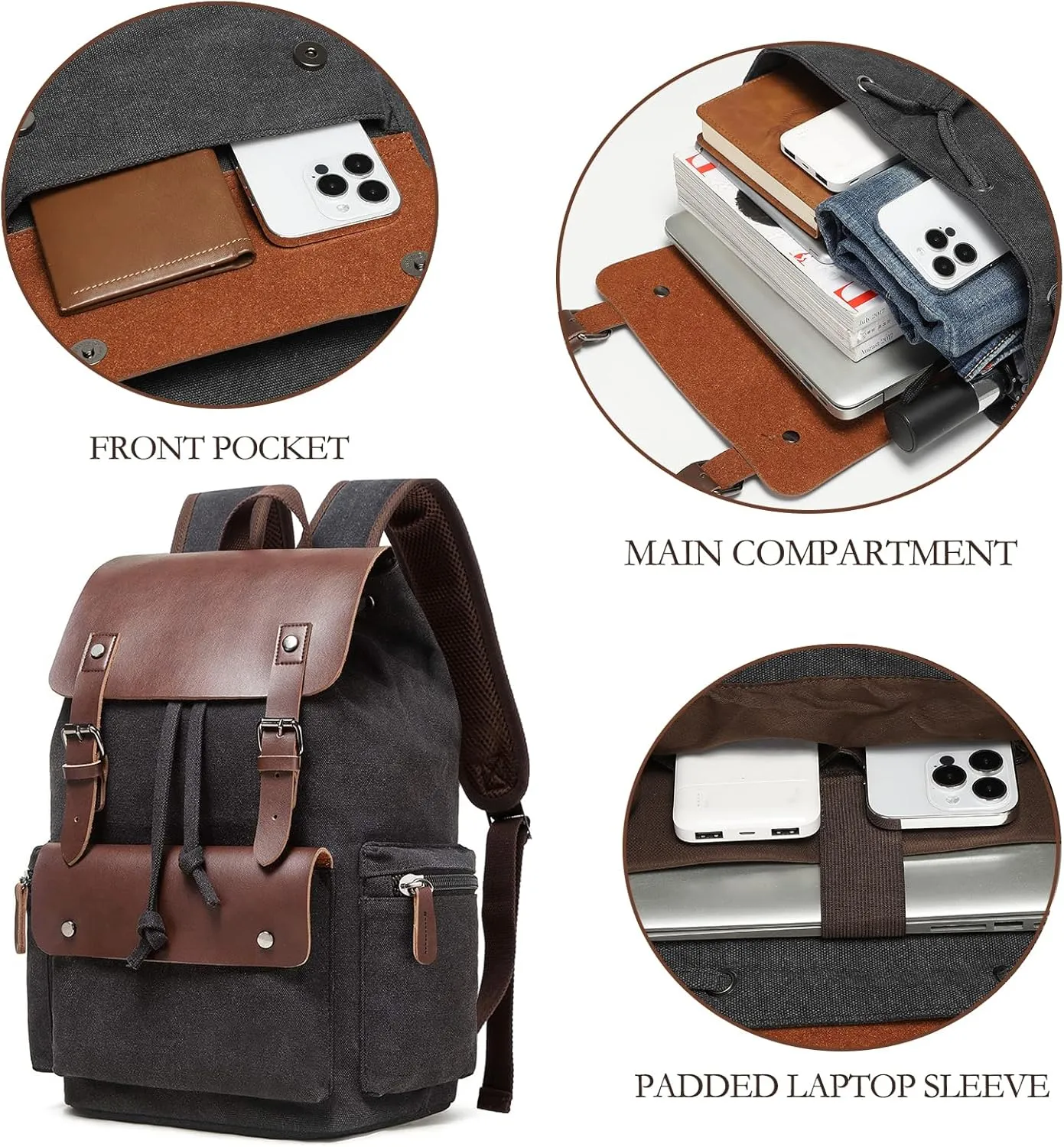 Vintage Leather Canvas Backpack, Travel Laptop Daypack for Men Women, Work Rucksack College Bookbag Fits 15.6 Inch Laptop, Black