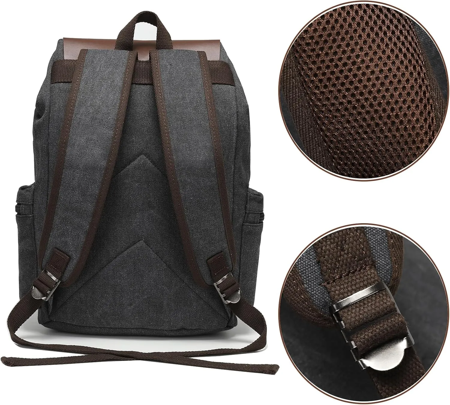 Vintage Leather Canvas Backpack, Travel Laptop Daypack for Men Women, Work Rucksack College Bookbag Fits 15.6 Inch Laptop, Black
