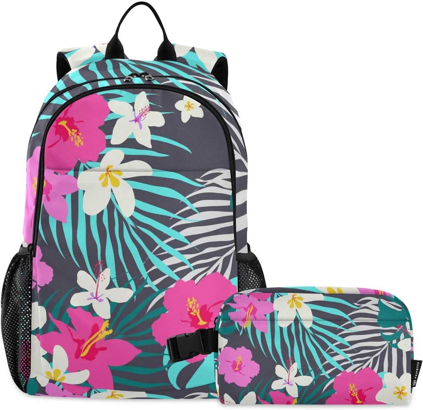 Vivid Hibiscus Flowers Backpack Teenage School Backpack Travel Bookbag for Kids Casual Daypack with Lunch Box