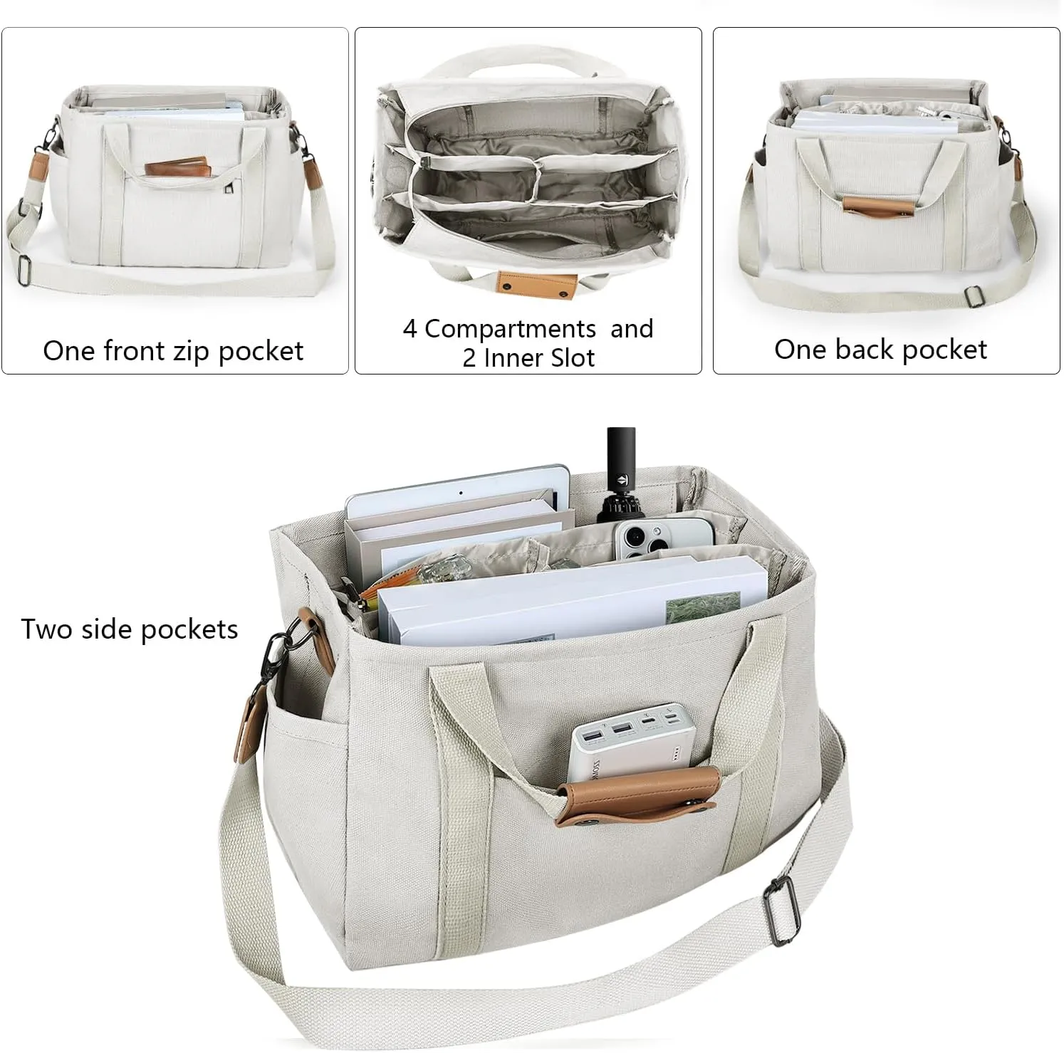 VIWIME Canvas Tote Bag for Women With Pockets, Cute Crossbody Shoulder Purses Mommy Handbag for Work Travel