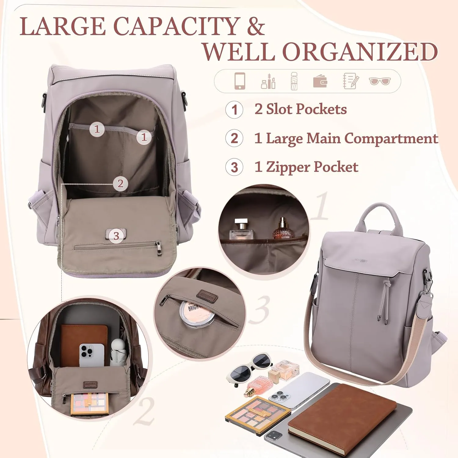 VX VONXURY Backpack Purse for Women Faux Leather Anti-Theft Backpack With Detachable Shoulder Strap Fashion Women Handbag For Daily Work Travel