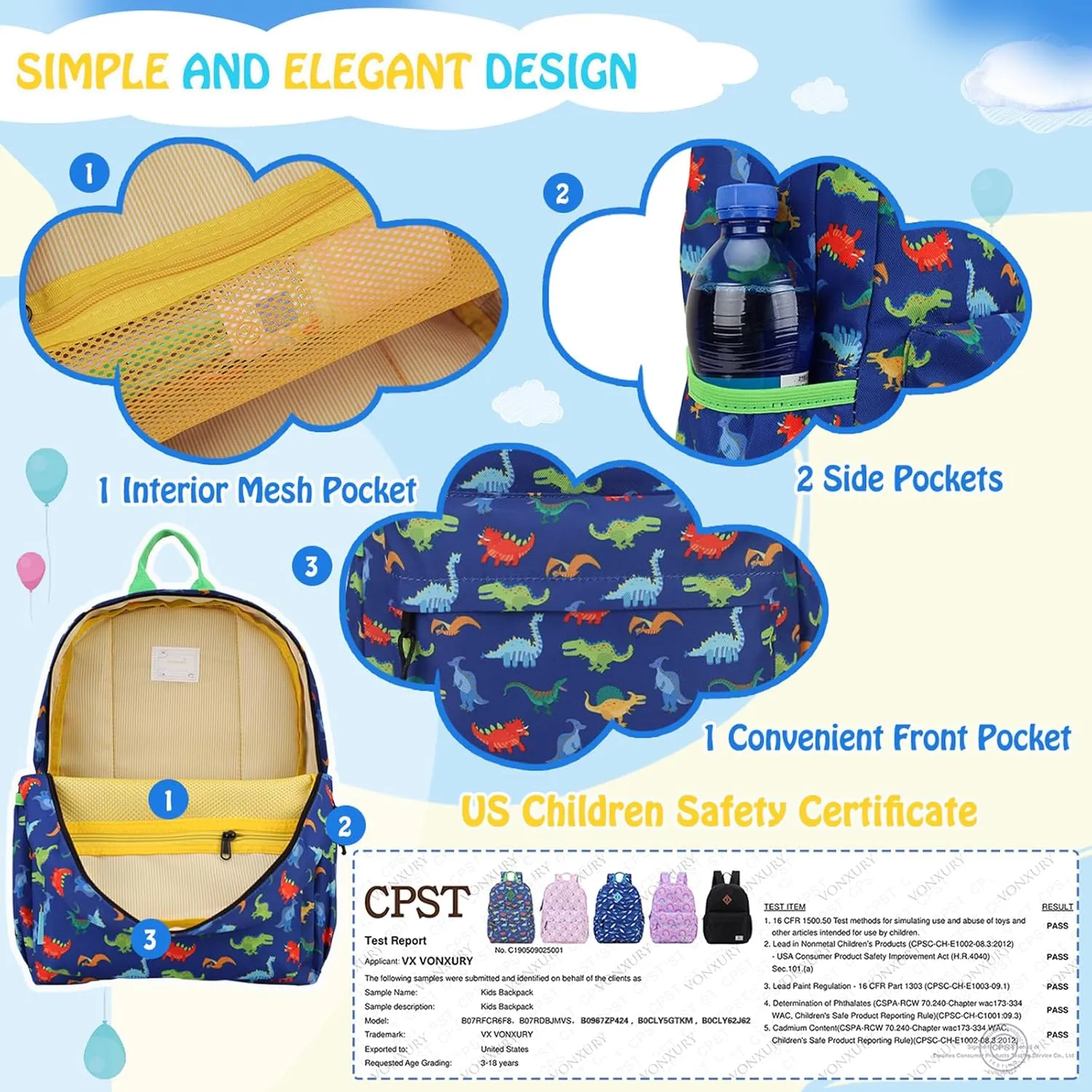 VX VONXURY Toddler Backpack for Boys Age 2-6，Small Kids Preschool Book Bag for Kindergarten Girls Fit A4 Folder