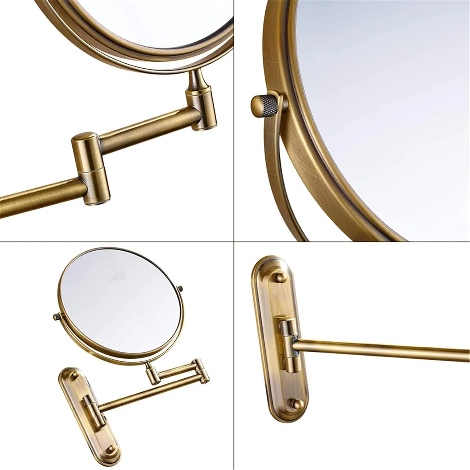 Wall-Mounted Makeup Mirror, 8 Inch Brass Magnifying Double Sided Shaving Mirror, Bathroom Extendable 360° Swivel Cosmetic Vanity Mirror(Brass,7X)