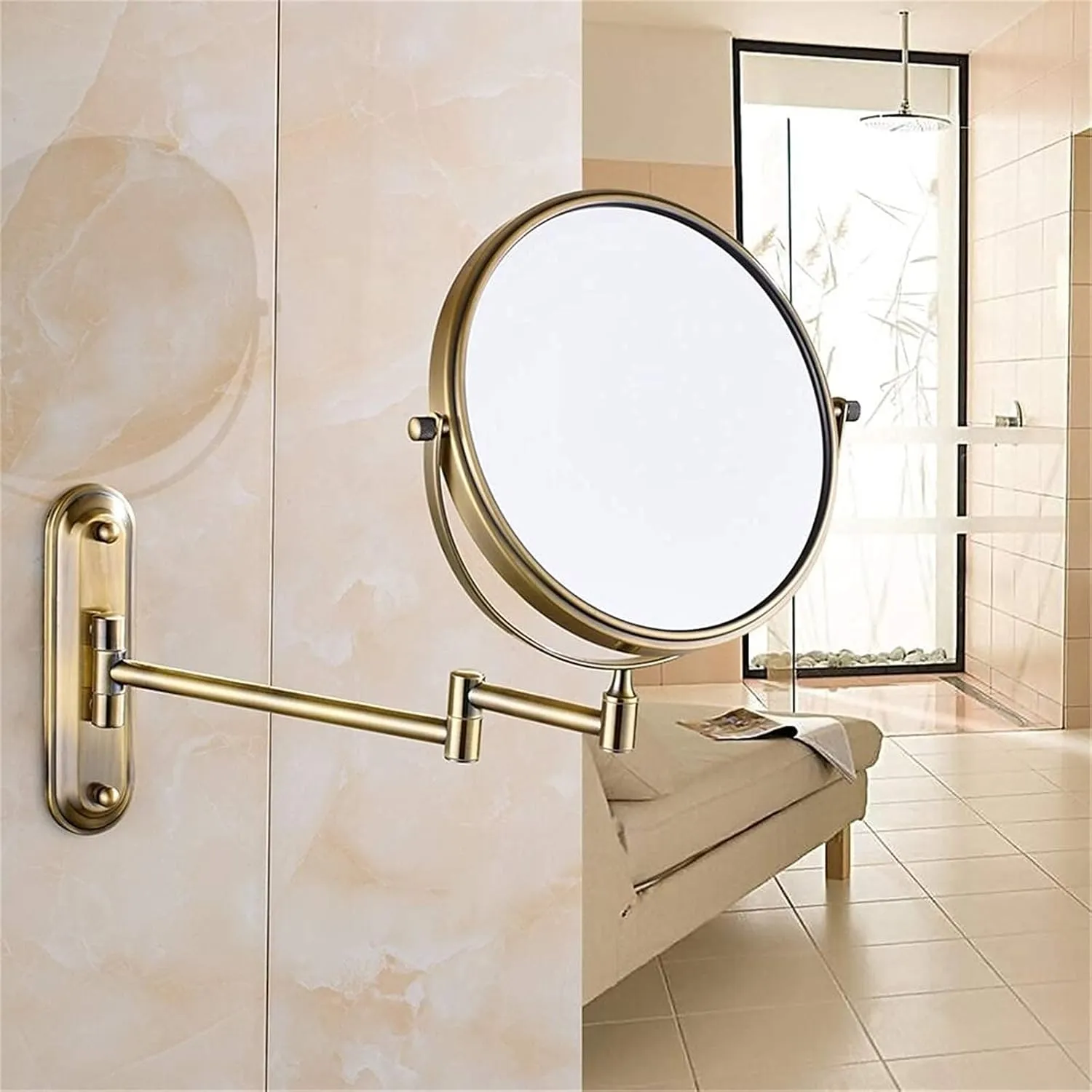 Wall-Mounted Makeup Mirror, 8 Inch Brass Magnifying Double Sided Shaving Mirror, Bathroom Extendable 360° Swivel Cosmetic Vanity Mirror(Brass,7X)