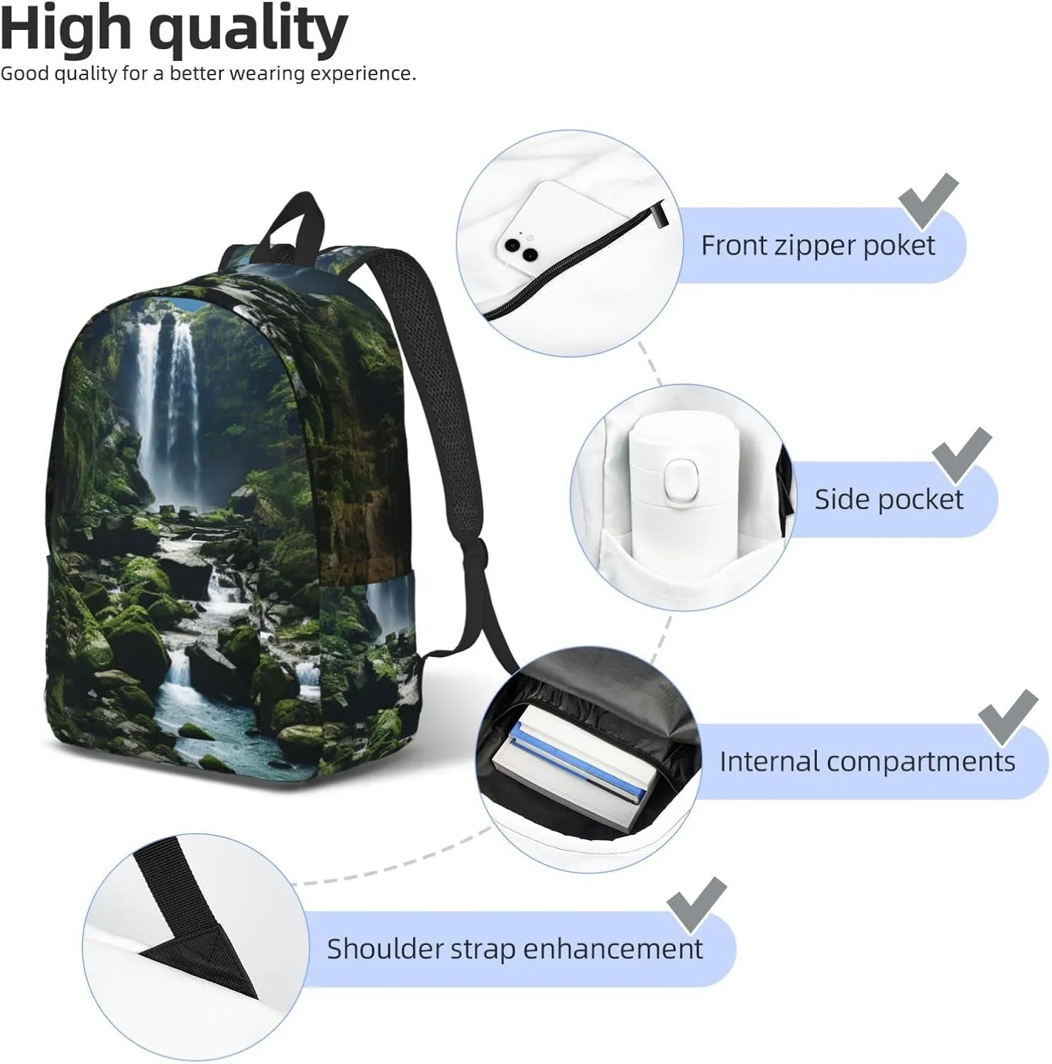 Waterfall Cliff Large Canvas Backpack Lightweight Adjustable Laptop Bag Casual Backpack For Travel Work Medium