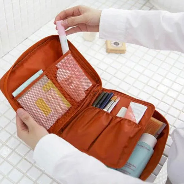 Waterproof Floral Nylon Zipper Women Makeup Cosmetic Bag Case Toiletry Storage Travel Wash Pouch Orange
