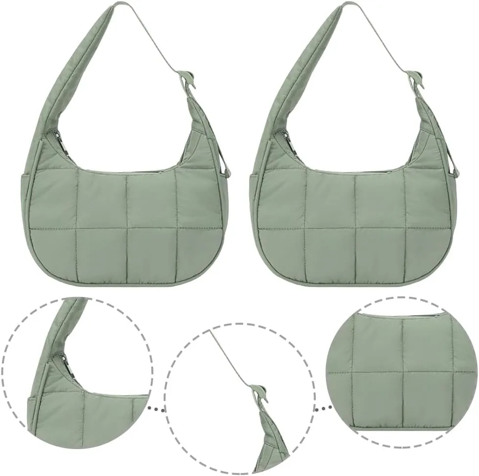 Waterproof Puffer Crescent Shoulder Bag for Women,Small Nylon Quilted Hobo Purse, Adjustable Strap Puffy Handbag Hobo Bag