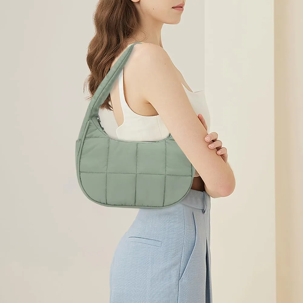 Waterproof Puffer Crescent Shoulder Bag for Women,Small Nylon Quilted Hobo Purse, Adjustable Strap Puffy Handbag Hobo Bag