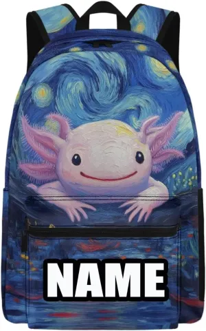 WELLFLYHOM Axolotl Personalized School Backpack for Girls Starry Night Custom Book Bag Customized Name School Bag for Junior High Students