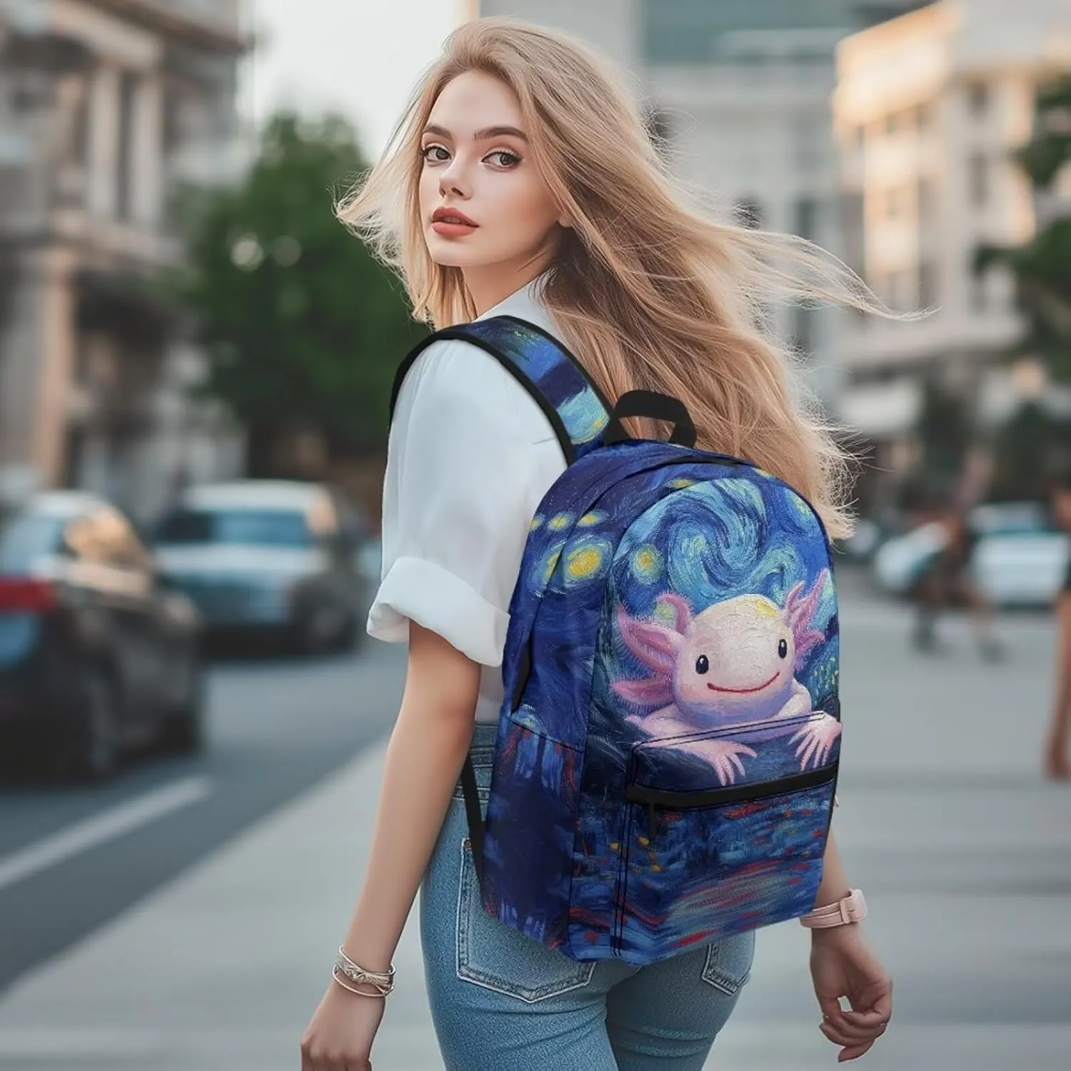 WELLFLYHOM Axolotl Personalized School Backpack for Girls Starry Night Custom Book Bag Customized Name School Bag for Junior High Students