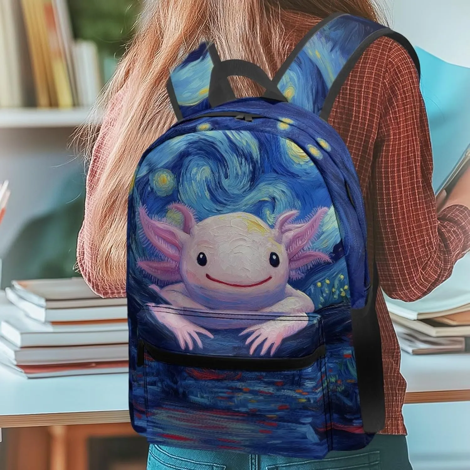 WELLFLYHOM Axolotl Personalized School Backpack for Girls Starry Night Custom Book Bag Customized Name School Bag for Junior High Students