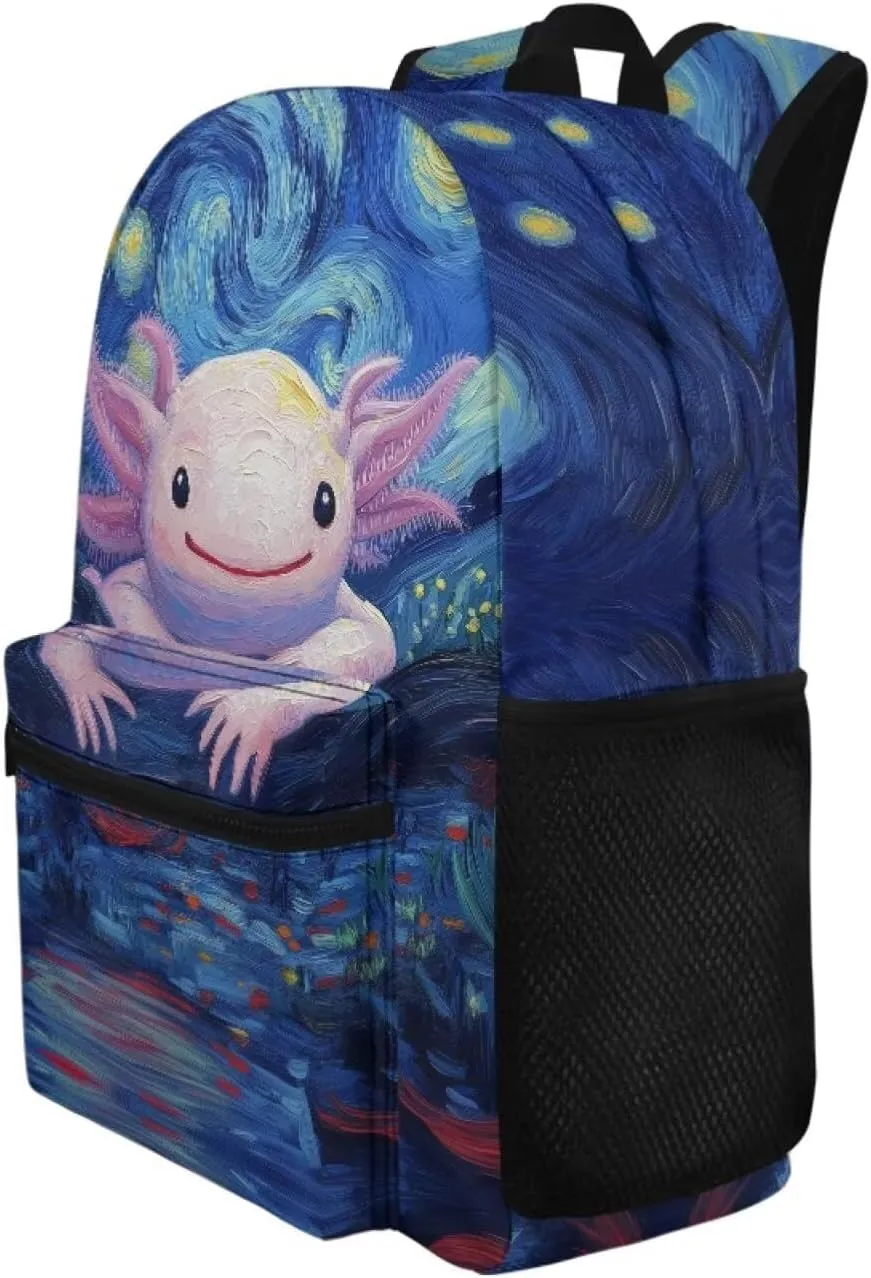 WELLFLYHOM Axolotl Personalized School Backpack for Girls Starry Night Custom Book Bag Customized Name School Bag for Junior High Students