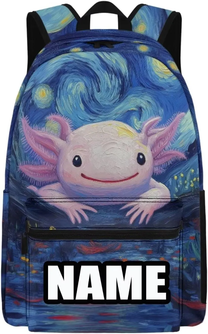 WELLFLYHOM Axolotl Personalized School Backpack for Girls Starry Night Custom Book Bag Customized Name School Bag for Junior High Students
