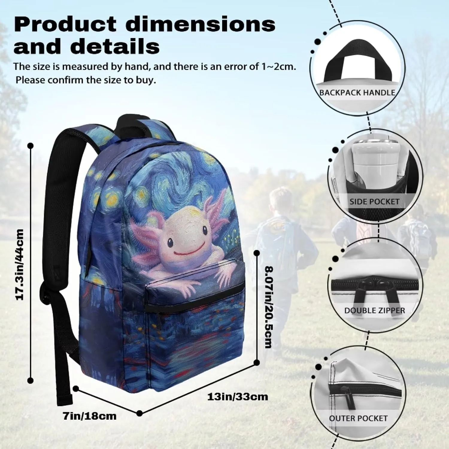 WELLFLYHOM Axolotl Personalized School Backpack for Girls Starry Night Custom Book Bag Customized Name School Bag for Junior High Students
