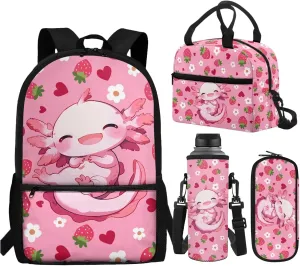 WELLFLYHOM Axolotl Strawberry Kids Backpack Set with Lunch Box Girls 6-8 Pink School Bookbag Lunch Bag Three-Layer Pencil Pen Case Water Bottle Carrier Back to School Gift