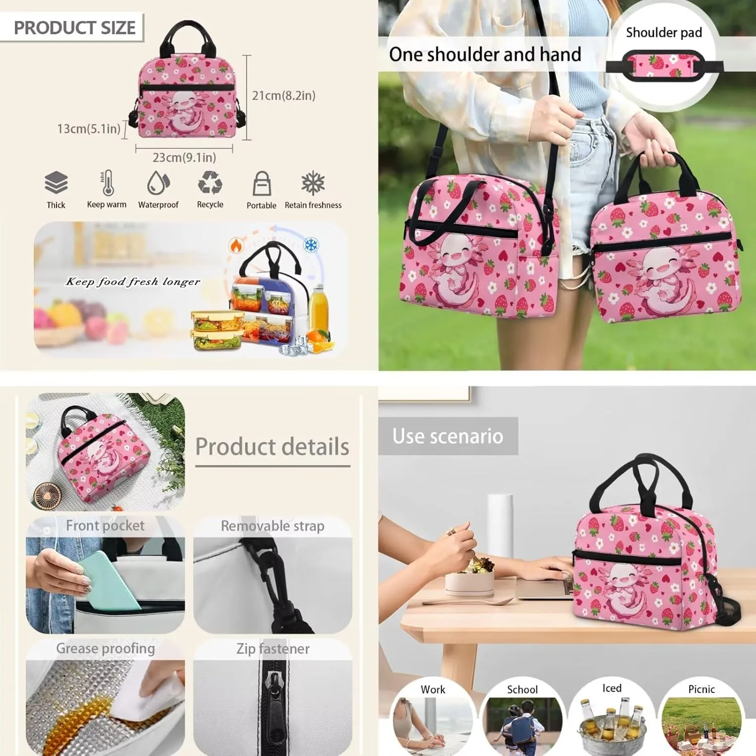 WELLFLYHOM Axolotl Strawberry Kids Backpack Set with Lunch Box Girls 6-8 Pink School Bookbag Lunch Bag Three-Layer Pencil Pen Case Water Bottle Carrier Back to School Gift