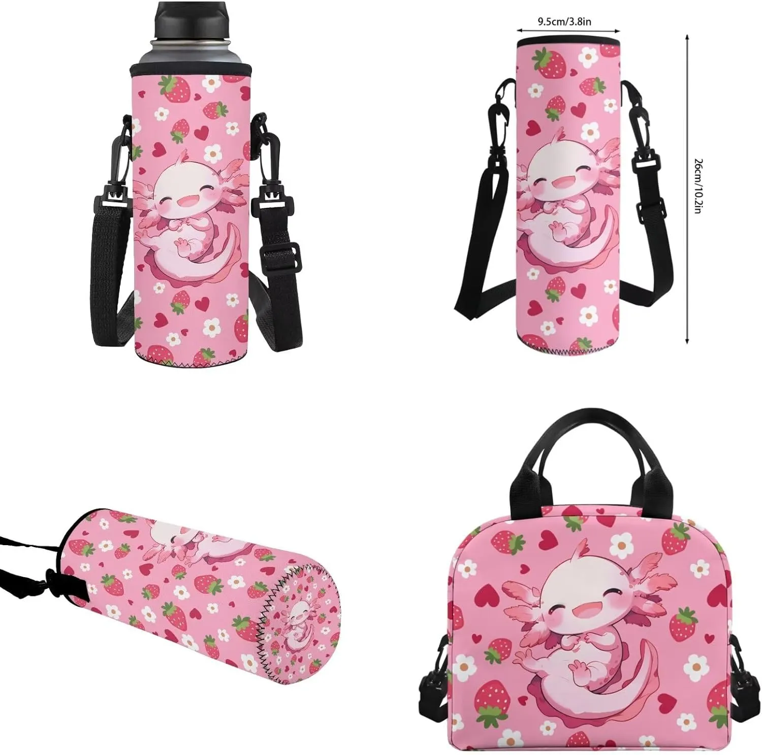 WELLFLYHOM Axolotl Strawberry Kids Backpack Set with Lunch Box Girls 6-8 Pink School Bookbag Lunch Bag Three-Layer Pencil Pen Case Water Bottle Carrier Back to School Gift