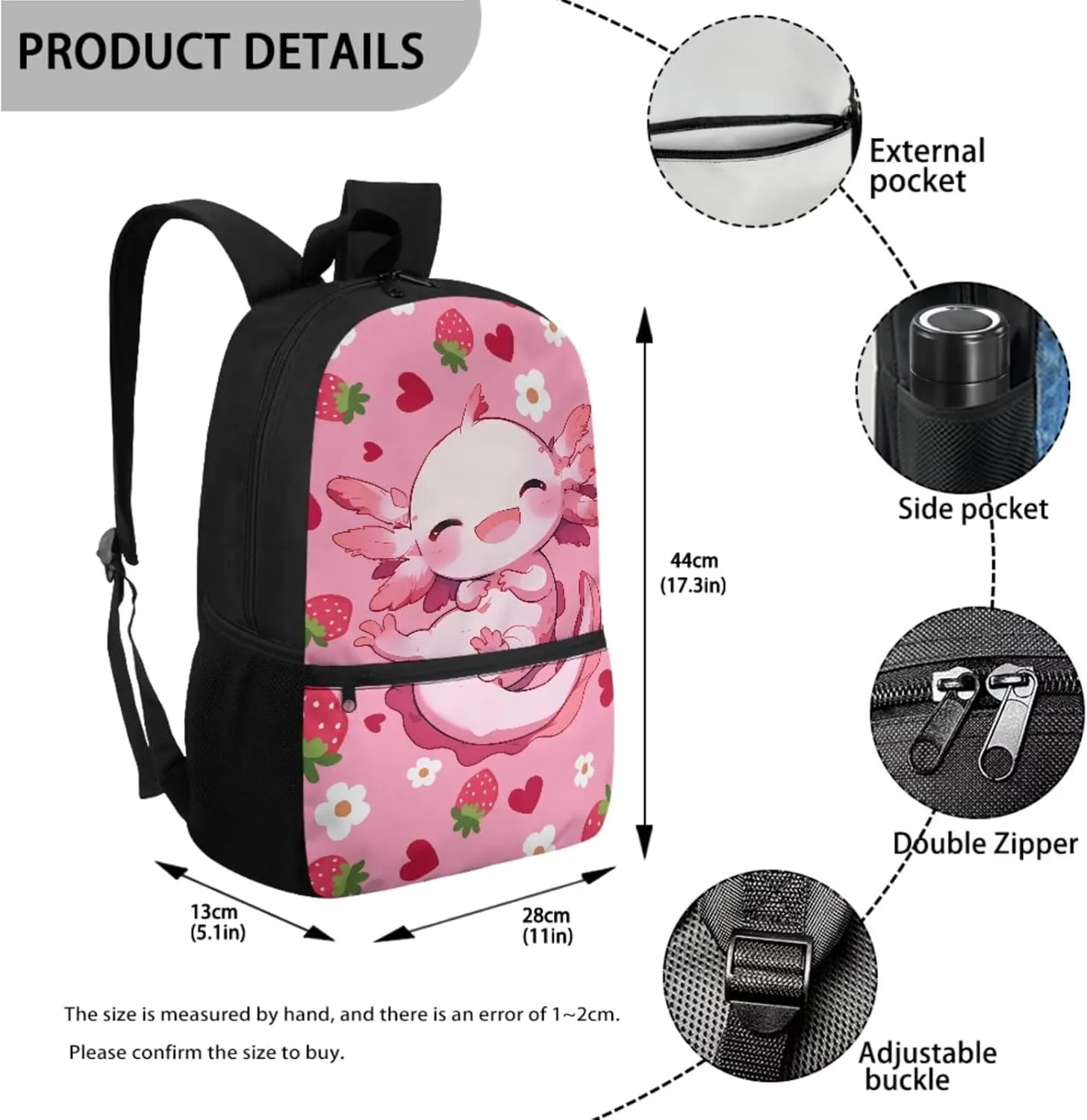 WELLFLYHOM Axolotl Strawberry Kids Backpack Set with Lunch Box Girls 6-8 Pink School Bookbag Lunch Bag Three-Layer Pencil Pen Case Water Bottle Carrier Back to School Gift