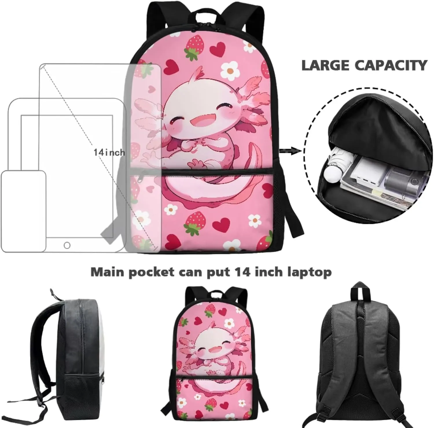WELLFLYHOM Axolotl Strawberry Kids Backpack Set with Lunch Box Girls 6-8 Pink School Bookbag Lunch Bag Three-Layer Pencil Pen Case Water Bottle Carrier Back to School Gift
