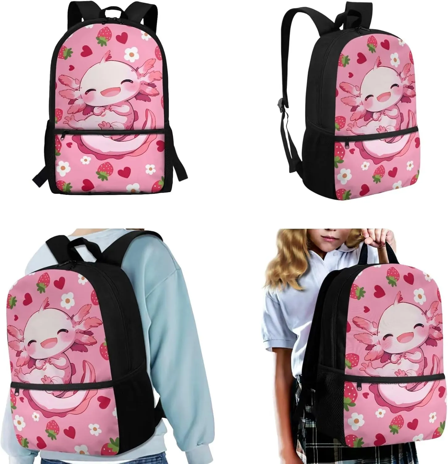 WELLFLYHOM Axolotl Strawberry Kids Backpack Set with Lunch Box Girls 6-8 Pink School Bookbag Lunch Bag Three-Layer Pencil Pen Case Water Bottle Carrier Back to School Gift