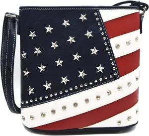 WESTERN ORIGIN American Flag Stars and Stripes Studs Crossbody Handbag USA Patriotic Women Purse Leather Single Shoulder Bag