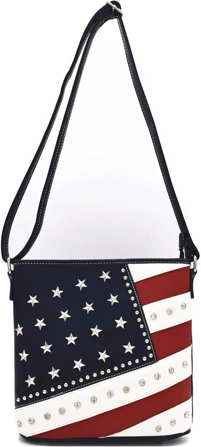 WESTERN ORIGIN American Flag Stars and Stripes Studs Crossbody Handbag USA Patriotic Women Purse Leather Single Shoulder Bag