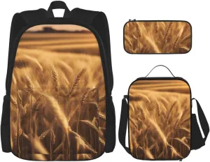 Wheat Field print Minimalist Backpack Three Piece Travel Backpack Set Adjustable Shoulder Bag, Black