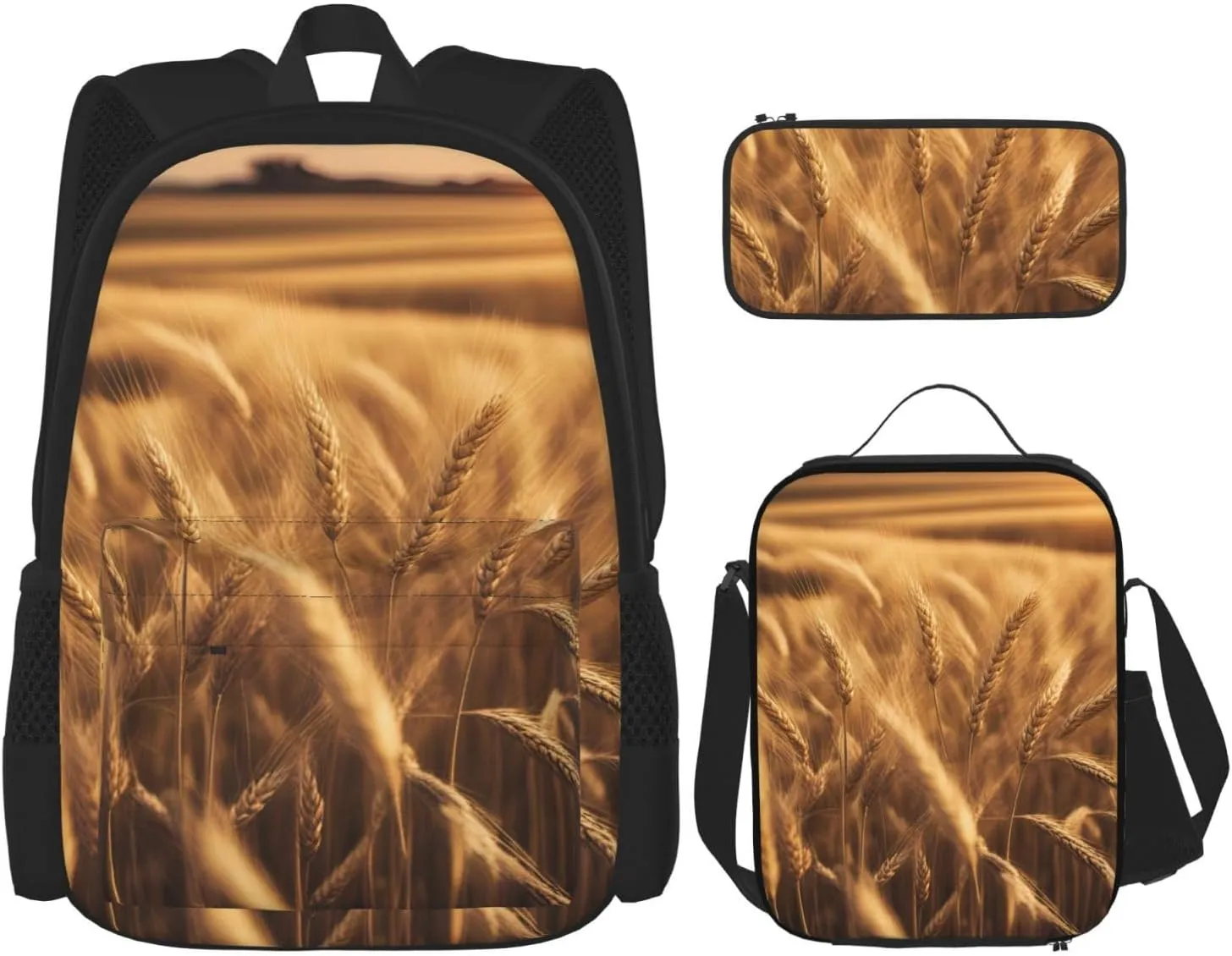 Wheat Field print Minimalist Backpack Three Piece Travel Backpack Set Adjustable Shoulder Bag, Black