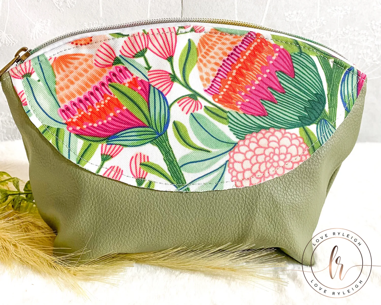 White Botanical Floral Cosmetic/Poppy Pouch LARGE SIZE