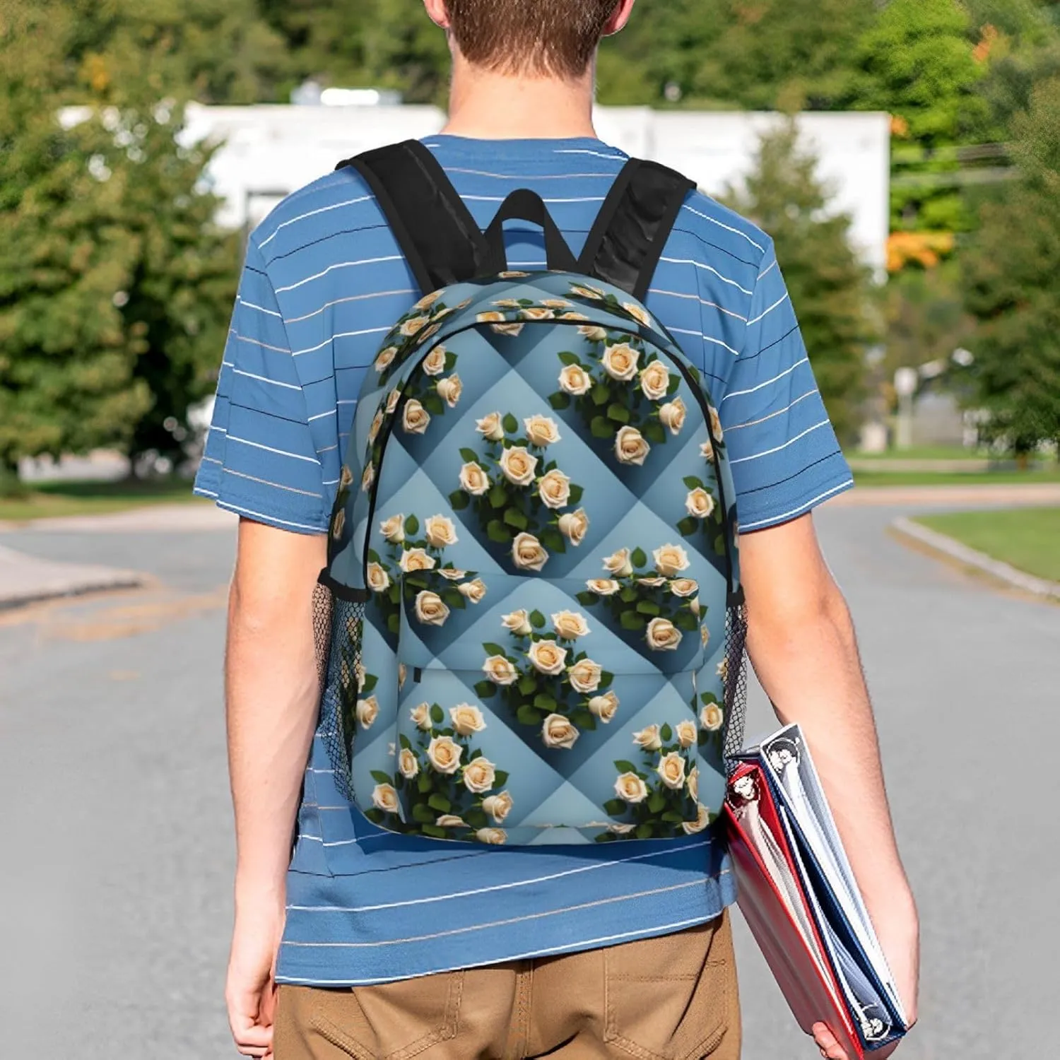 White Roses Backpack Lightweight Casual Backpack Double Shoulder Bag Travel Daypack With Laptop Compartmen
