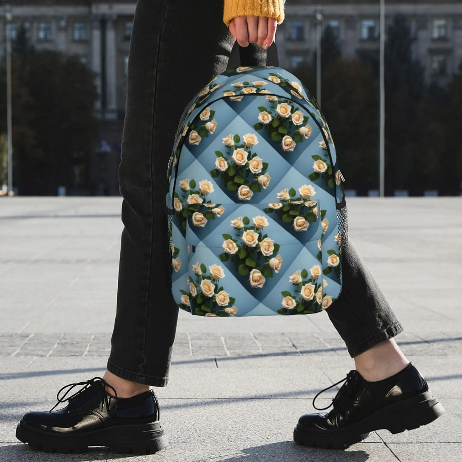 White Roses Backpack Lightweight Casual Backpack Double Shoulder Bag Travel Daypack With Laptop Compartmen