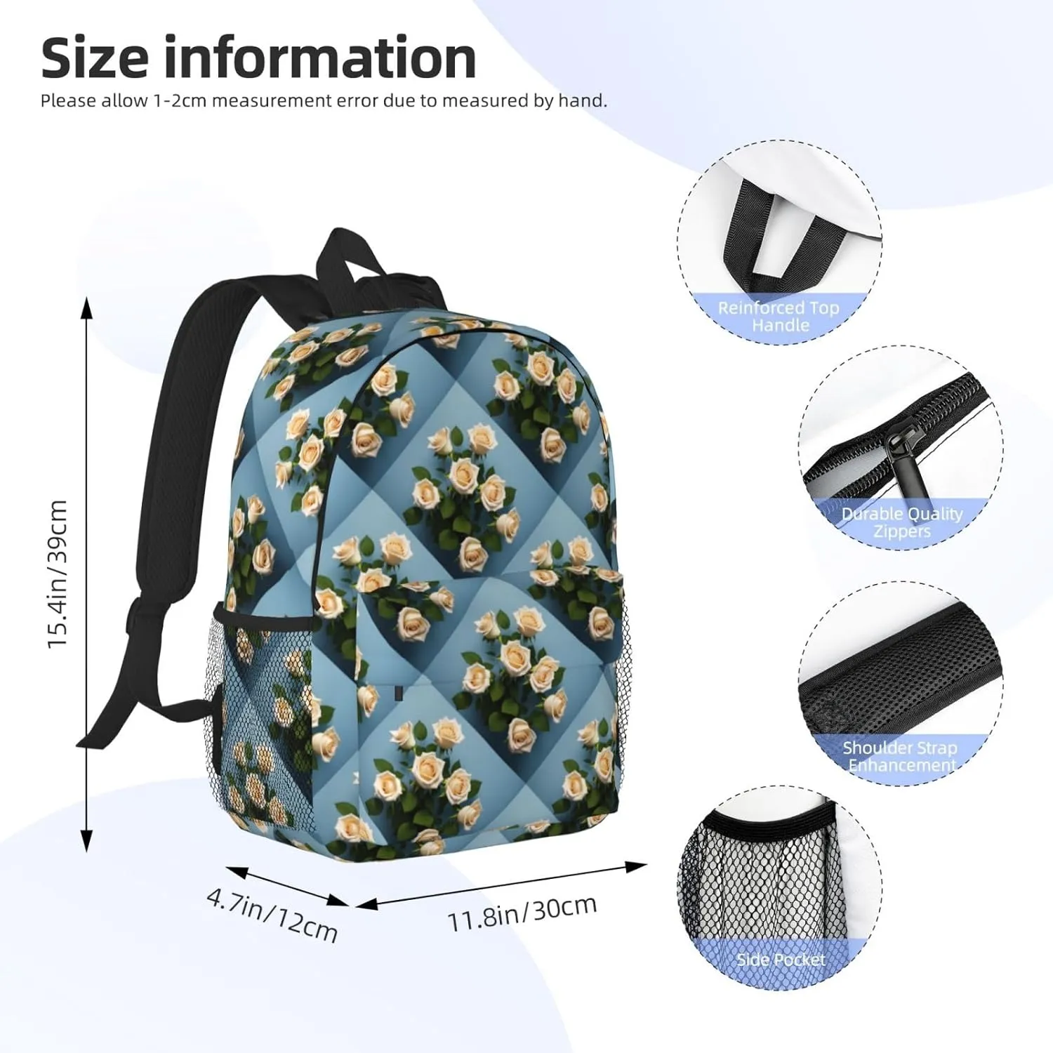 White Roses Backpack Lightweight Casual Backpack Double Shoulder Bag Travel Daypack With Laptop Compartmen