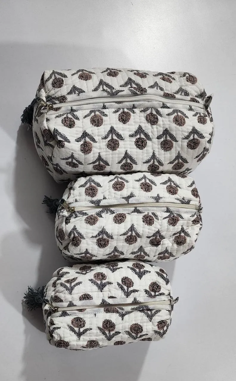 White With Grey Flower Print Pouch Set