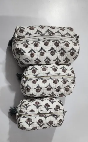 White With Grey Flower Print Pouch Set