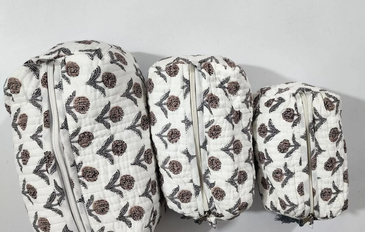White With Grey Flower Print Pouch Set