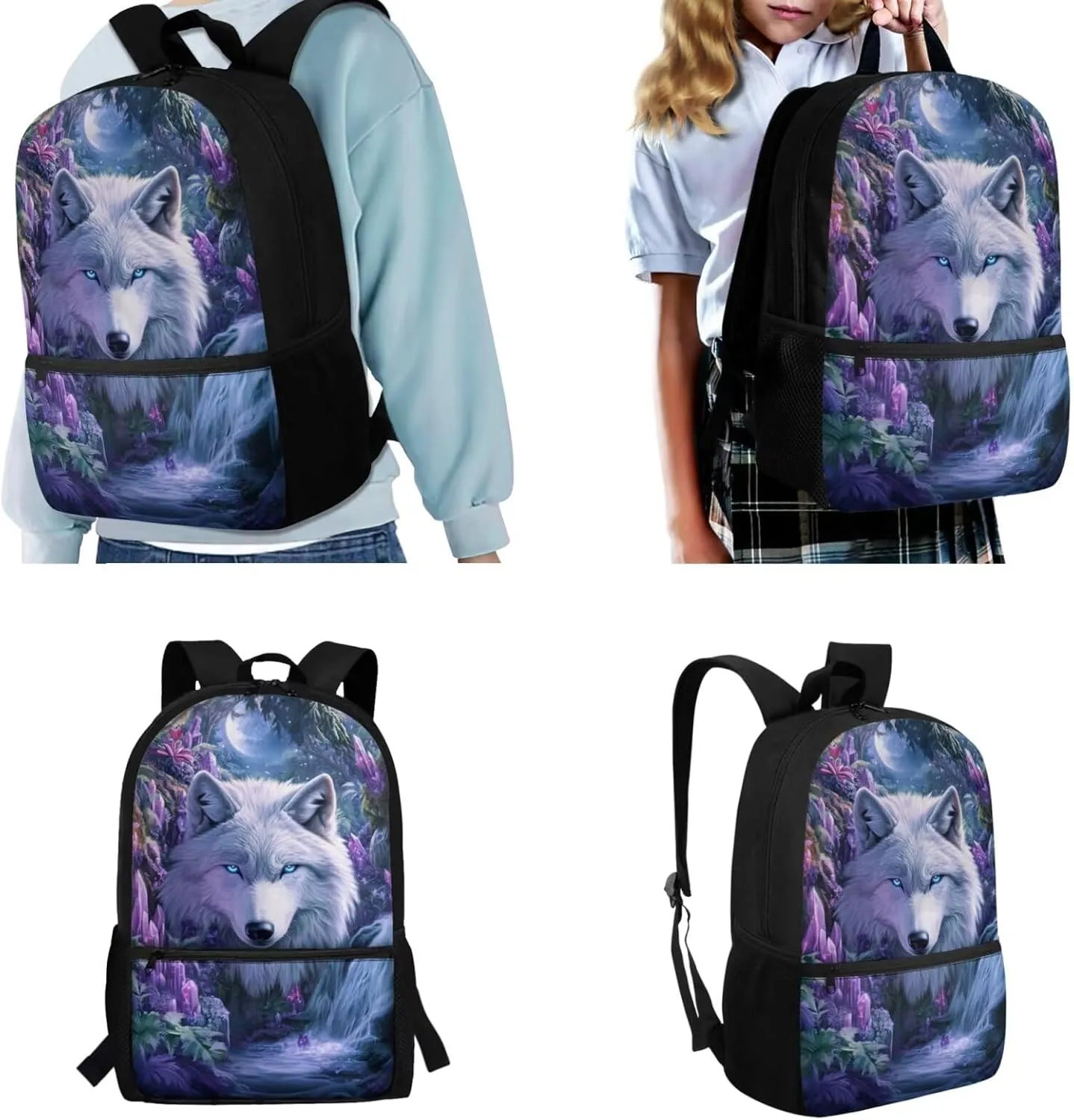 Wolf Backpack for Girls with Lunch Box Funny Kids Bookbag Ages 4-6 Lightweight Kindergarten Backpack for Girls with Lunchbox Perfect for School, Camping