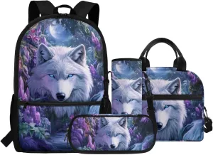 Wolf Backpack for Girls with Lunch Box Funny Kids Bookbag Ages 4-6 Lightweight Kindergarten Backpack for Girls with Lunchbox Perfect for School, Camping