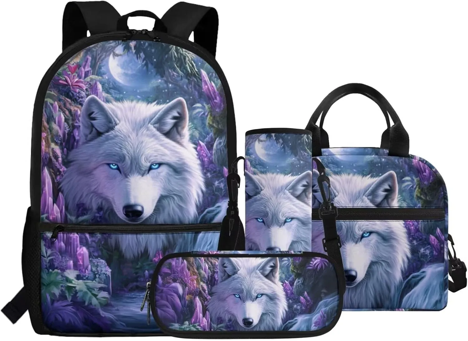 Wolf Backpack for Girls with Lunch Box Funny Kids Bookbag Ages 4-6 Lightweight Kindergarten Backpack for Girls with Lunchbox Perfect for School, Camping
