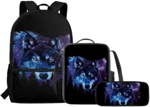 Wolf Bookbag with Lunch Bag&Pencil Bag for Boys Girls 3 Piece School Backpack Set Galaxy Space Big Capacity Campus Senior Shoulder Bag Travel Rucksack for Children Teens