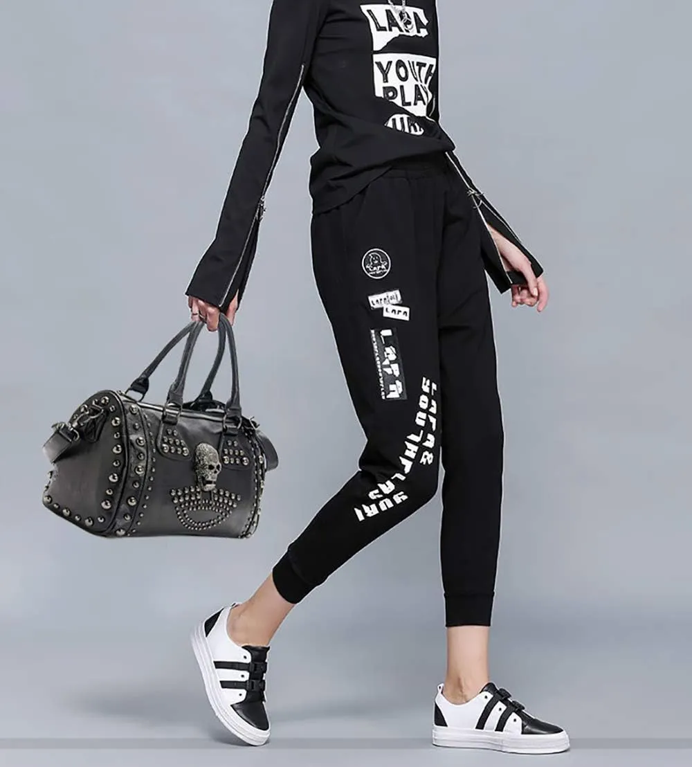 Women Fashion Rivet Handbag Purse Luminous Canvas Punk Tote with Shoulder Strap Crossbody Bag Large Capacity