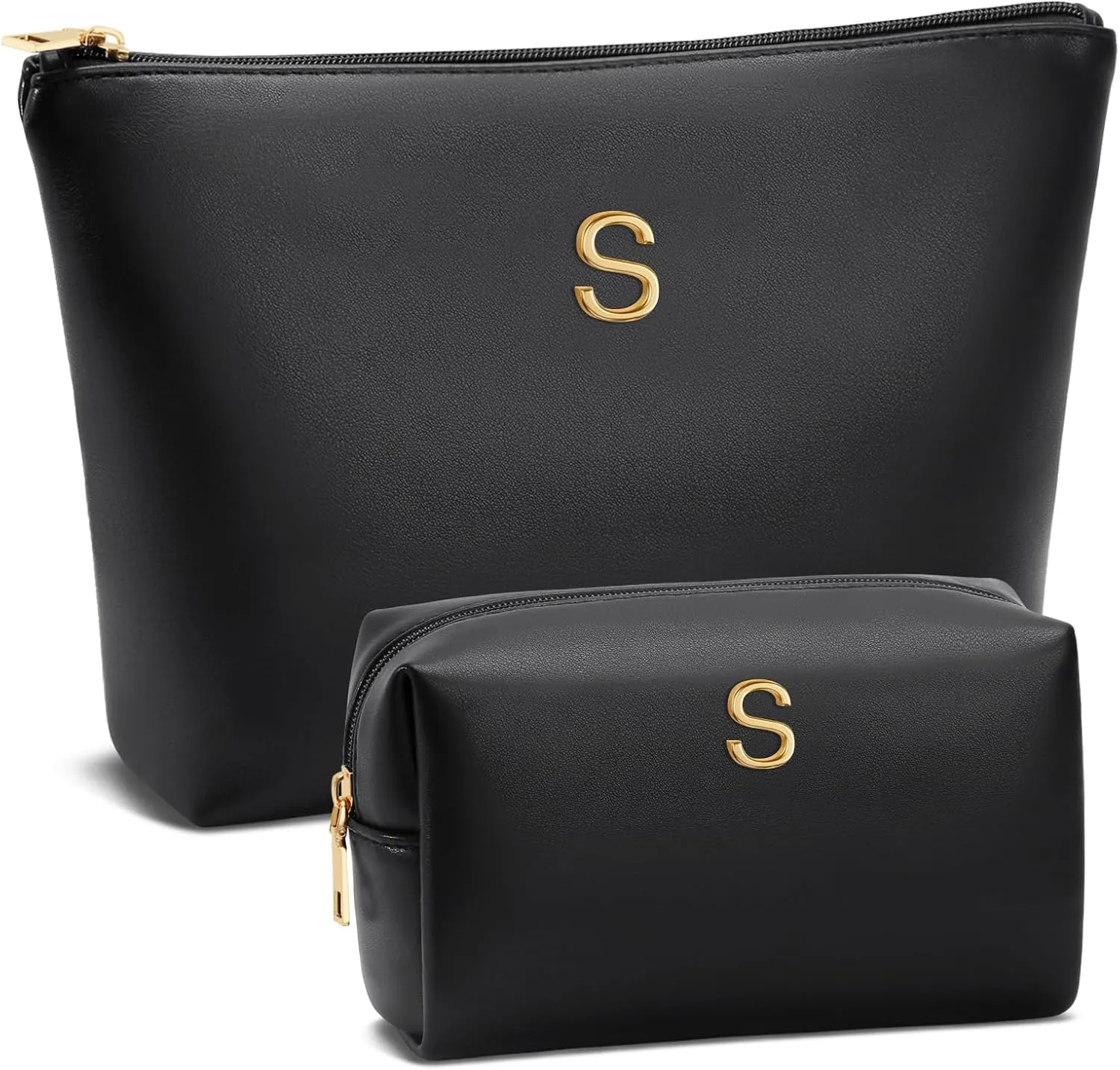Women Gifts | Initial Makeup Bag Set for Girl Personalized Gifts for Bridesmaid Friend Graduation Teachers PU Leather Cosmetic Travel Toiletry Bag(Black,S)