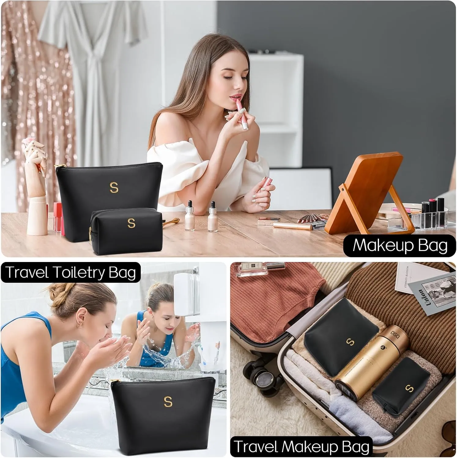 Women Gifts | Initial Makeup Bag Set for Girl Personalized Gifts for Bridesmaid Friend Graduation Teachers PU Leather Cosmetic Travel Toiletry Bag(Black,S)