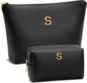 Women Gifts | Initial Makeup Bag Set for Girl Personalized Gifts for Bridesmaid Friend Graduation Teachers PU Leather Cosmetic Travel Toiletry Bag(Black,S)